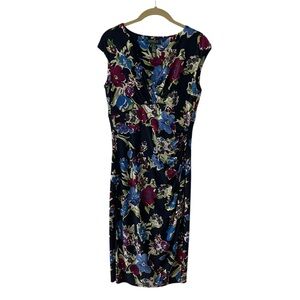 Lauren Ralph Lauren Floral Print V-Neck Faux Wrap Stretch Midi Dress Size 8